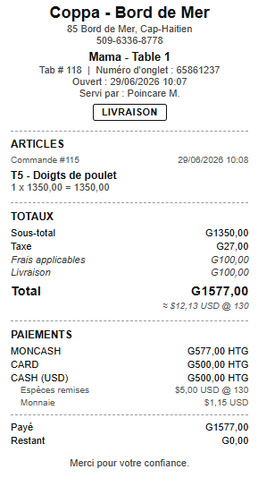 Bomoni receipt for a small delivery order settled across MonCash, card, and cash