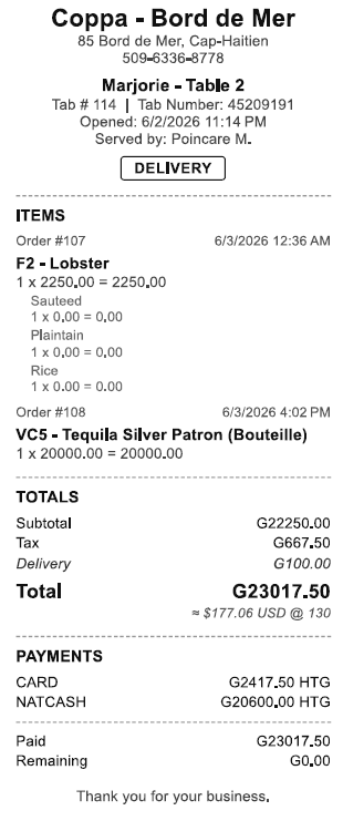 Bomoni receipt for a delivery order with item modifiers, split between card and NatCash