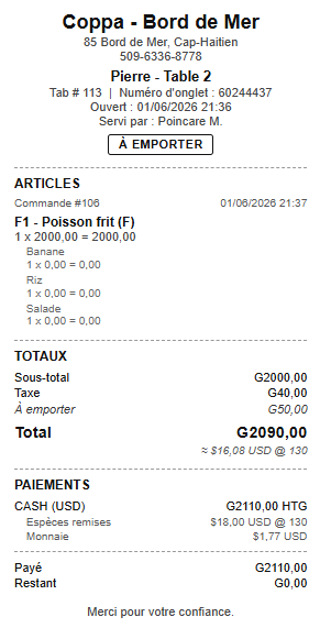 Bomoni receipt for a takeout order with cash payment and real-time USD conversion