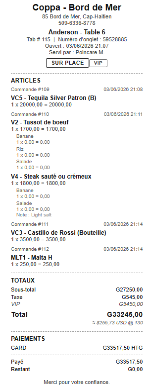 Bomoni receipt showing multiple rounds on one dine-in tab with prep notes and VIP pricing