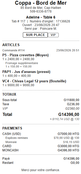 Bomoni receipt showing a three-way split payment across cash USD, card, and MonCash with automatic change calculation