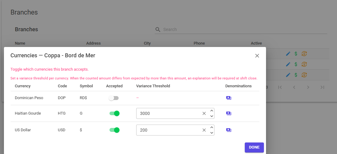 Settings screen toggling which currencies a branch accepts, with a variance threshold per currency
