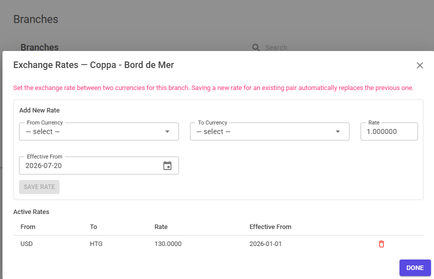 Exchange rate configuration between US dollars and Haitian gourdes for a branch
