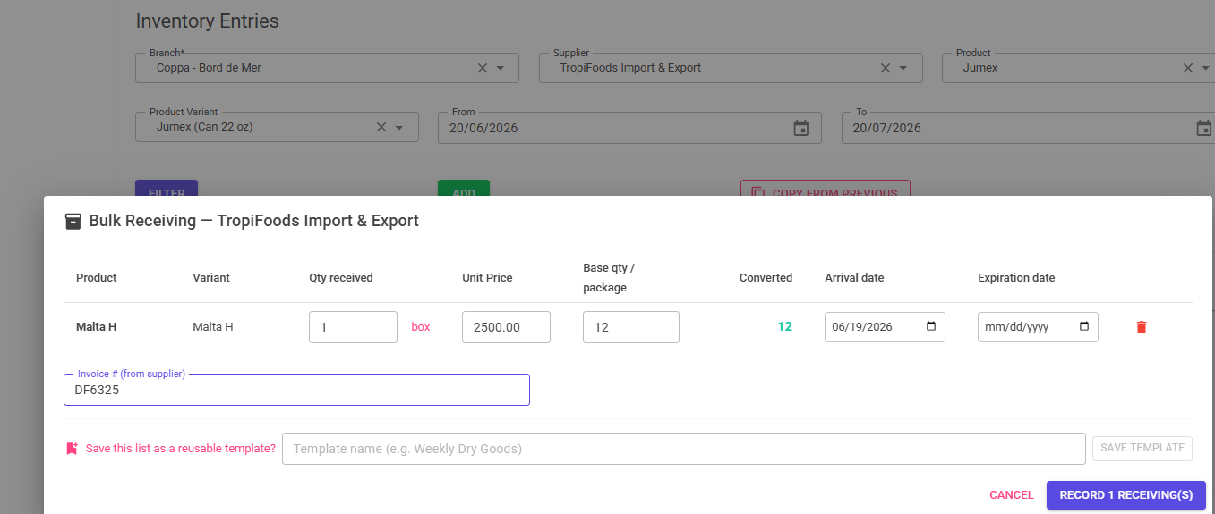 Bulk receiving form logging stock received from a supplier with expiration dates