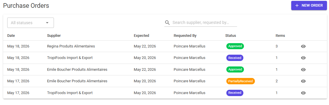 List of purchase orders with status badges for approved, received, and partially received
