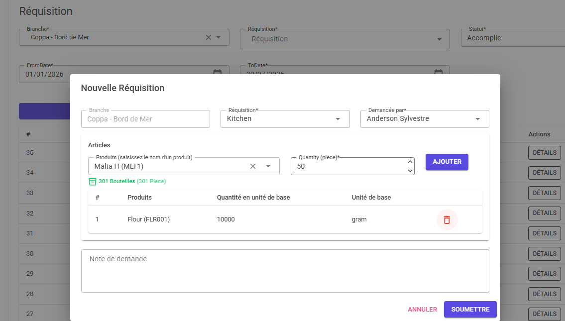 Internal requisition dialog moving stock to the kitchen station