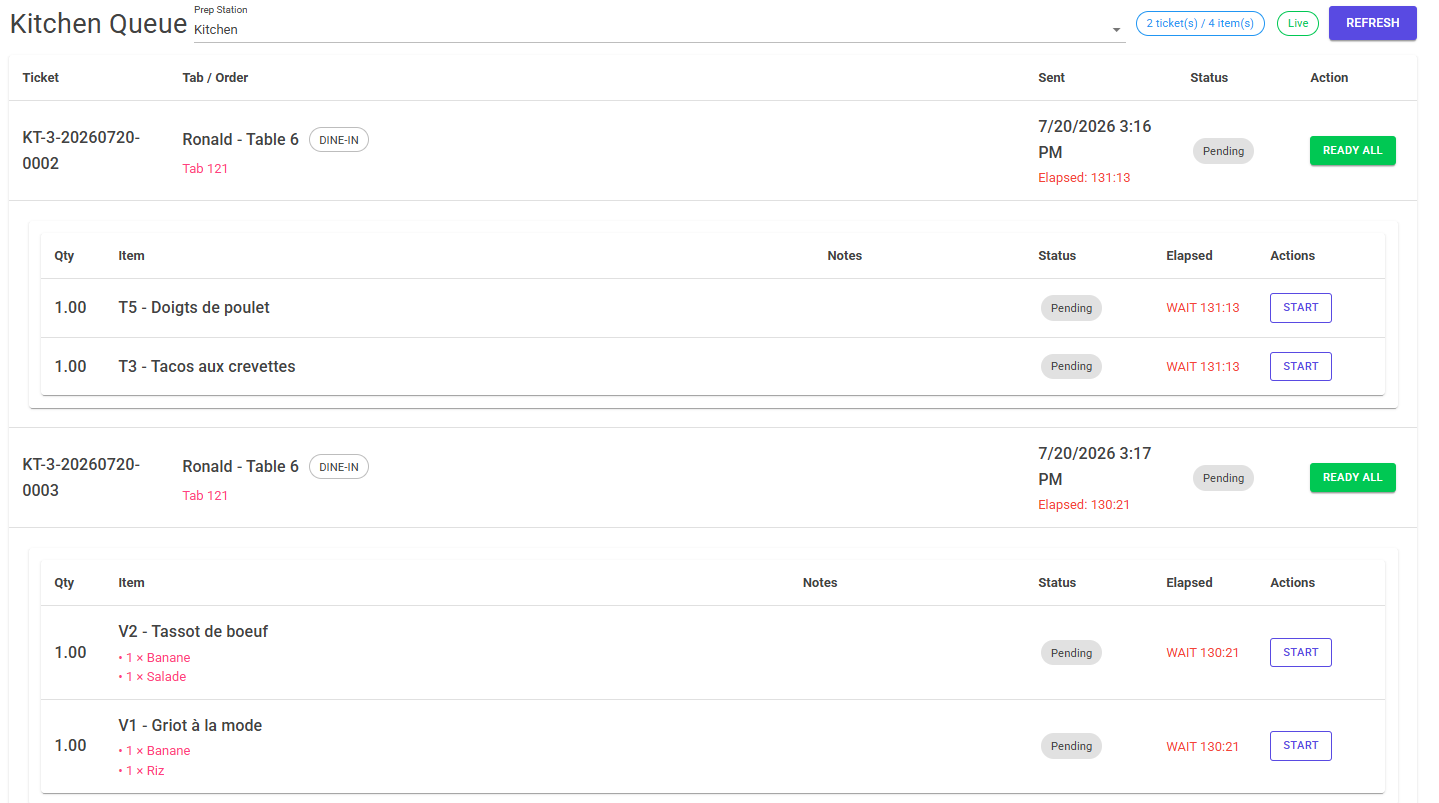 Live kitchen display showing pending tickets with elapsed prep time