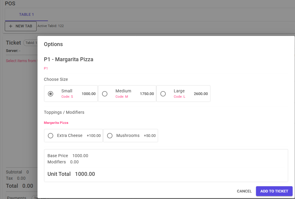 POS options dialog for a pizza showing size selection and toppings with live pricing