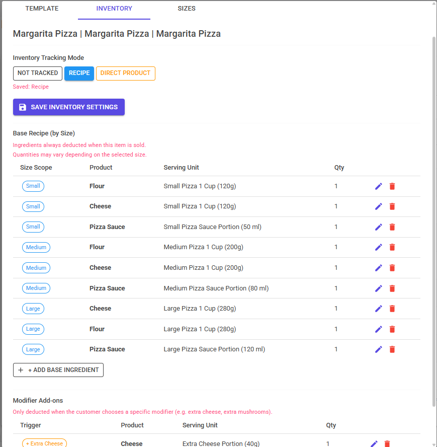 Recipe editor linking a menu item to ingredient quantities by size, deducted automatically from inventory