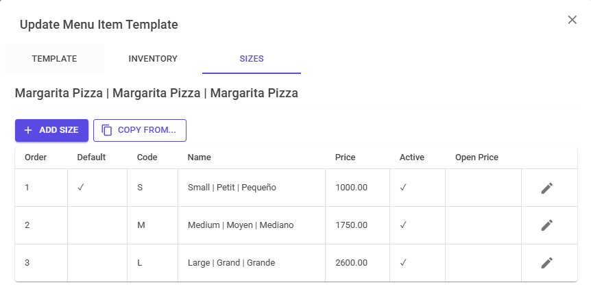 Size and pricing tiers for a menu item in small, medium, and large
