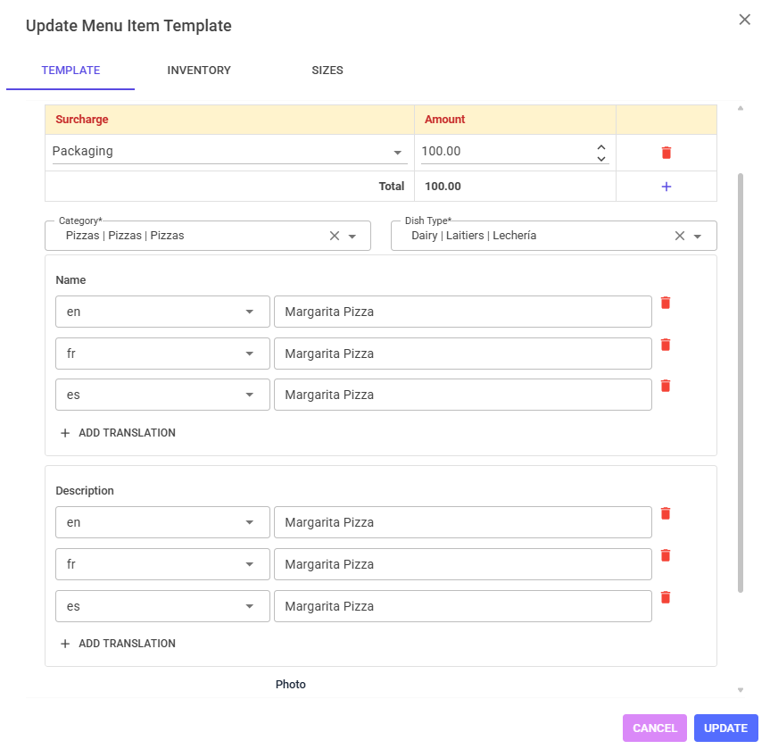 Menu item editor with name and description translated into English, French, and Spanish