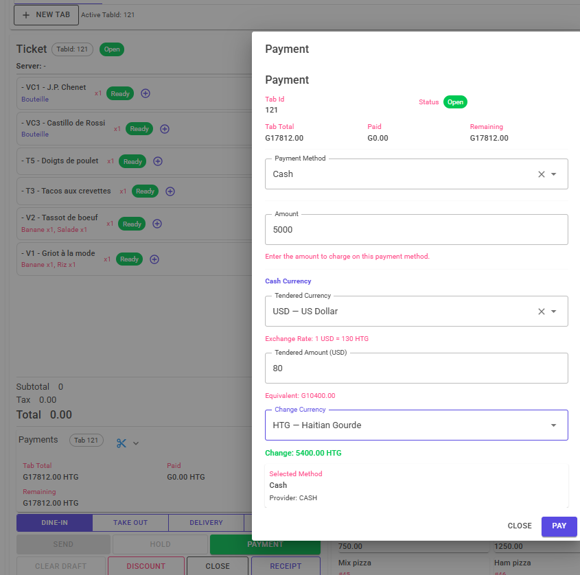 Payment dialog accepting cash tendered in US dollars with automatic Haitian gourde change