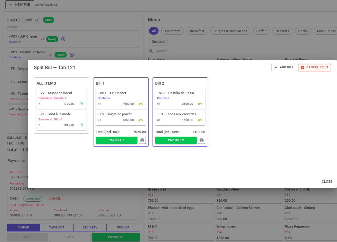 Split bill dialog dividing one tab into two separate bills